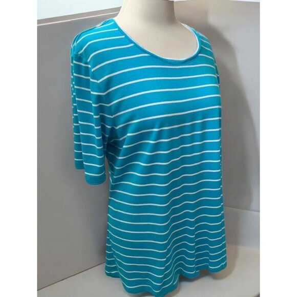 Chicos Relaxed Scoop Neck XL Short Elbow Sleeve Tee Turquoise White Striped - Picture 2 of 8
